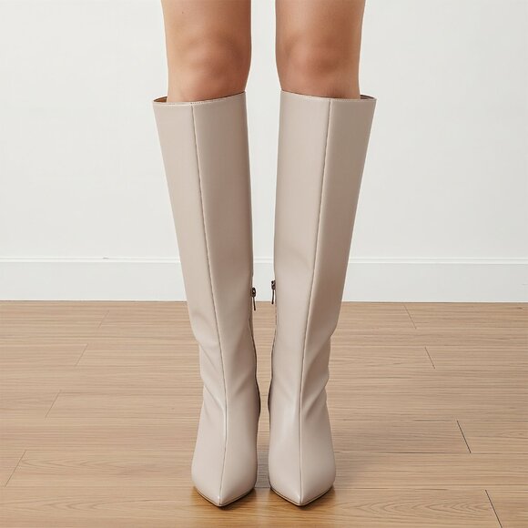 Lurnyet Women's Knee High Boots, Faux Leather Pointed Toe with 2 Inch Heel - Picture 8 of 10